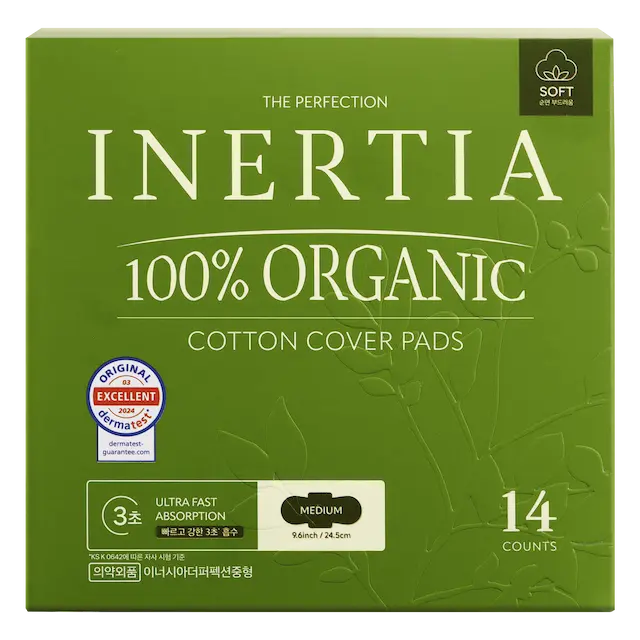 THE PERFECTION 100% 有機棉表層衛生棉/中號（常規流量，14 片裝）/不含SAP/韓國製造/FDA 認証/快速吸收/活躍而忙碌的女士/持久乾爽/五層超強吸收/敏感肌膚適用