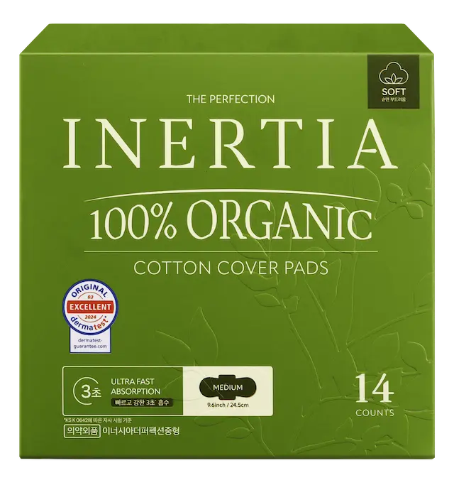 THE PERFECTION 100% 有機棉表層衛生棉/中號（常規流量，14 片裝）/不含SAP/韓國製造/FDA 認証/快速吸收/活躍而忙碌的女士/持久乾爽/五層超強吸收/敏感肌膚適用