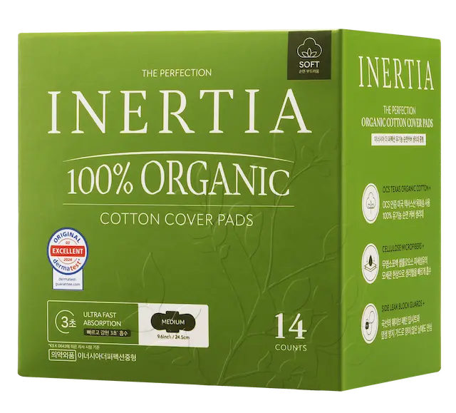 THE PERFECTION 100% 有機棉表層衛生棉/中號（常規流量，14 片裝）/不含SAP/韓國製造/FDA 認証/快速吸收/活躍而忙碌的女士/持久乾爽/五層超強吸收/敏感肌膚適用